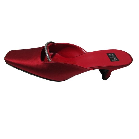 NWT Vintage Red Satin Mule with Square Toe, Heart Shaped Heel and Rhinestones - Picture 6 of 8